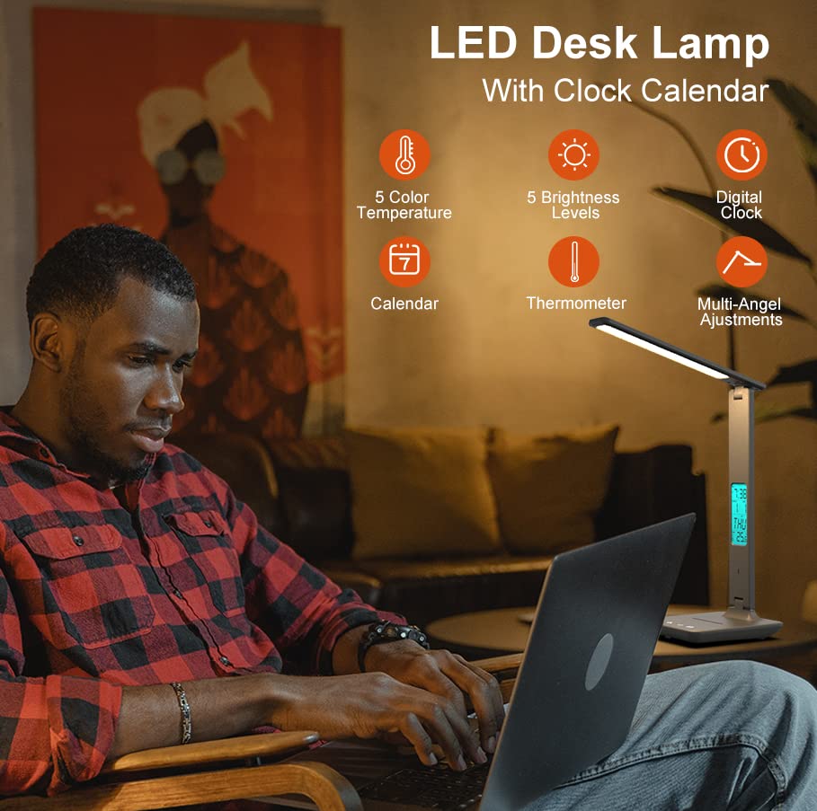 Desk Lamp, LED Desk Lamp with Wireless Charger, USB Charging Port, Table Lamp with Clock, Alarm, Date, Temperature, Office Lamp, Desk Lamps for Home Office, Grey