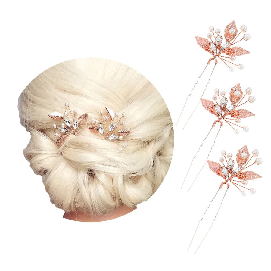 Bride Wedding Crystal Hair Pins Leaf Bridal Rose Gold Hair Pieces Wedding Pearl Hair Accessories for Women and Girls Pack of 3
