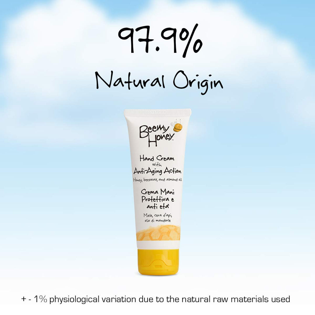 BeeMy Honey Hand Cream with Anti-Aging Action comes in a 2.54 oz container and contains Italian honey, beeswax, almond oil, and glycyrrhetinic acid to help prevent dryness and restore skin softness
