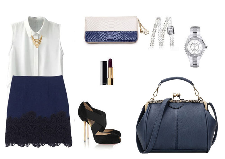 Women Small Retro Kiss Lock Pu Leather Vintage Purses and Handbags Tote Bags Navyblue