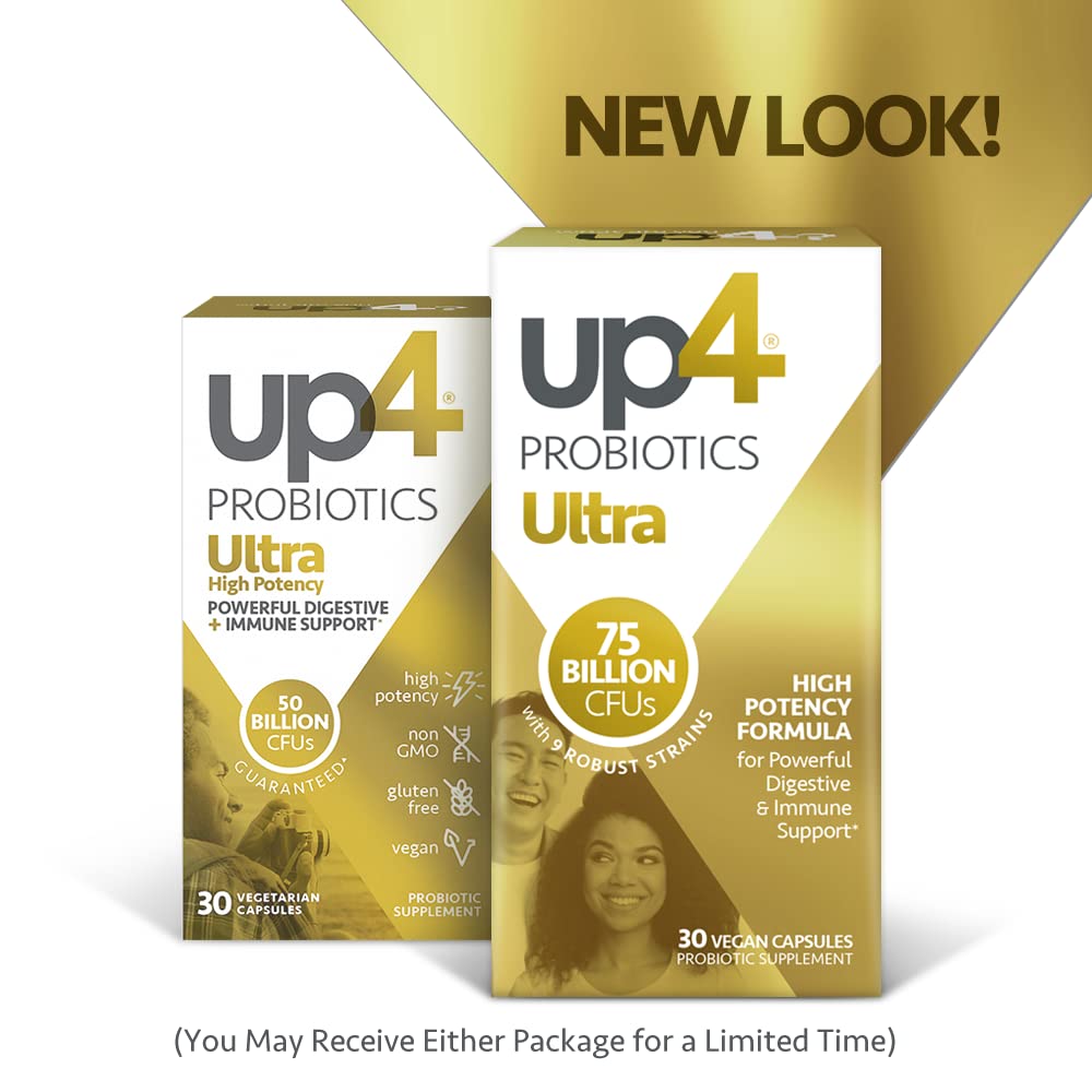 up4 Ultra High Potency Probiotic Supplement for Men & Women, Immune + Digestive Support, 75 Billion CFUs Guaranteed, 9 Probiotic Strains, Non-GMO, Gluten Free, Vegan, 30 Count (Amazon Exclusive)
