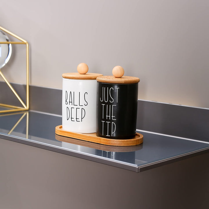 Funny Qtip Holder and Cotton Ball Holder Set for Bathroom Organization. Apothecary Jars with Bamboo Tray are Great for Black and White Bathroom Decor, Rustic Bathroom Decor. (Ceramic&amp;Tray)