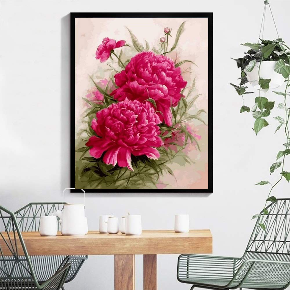 DIY Paint by Numbers Canvas Painting Kit for Adults, 16 x 20 Drawing Paintwork with 3 Paintbrushes Acrylic Paints - Red Roses Painting