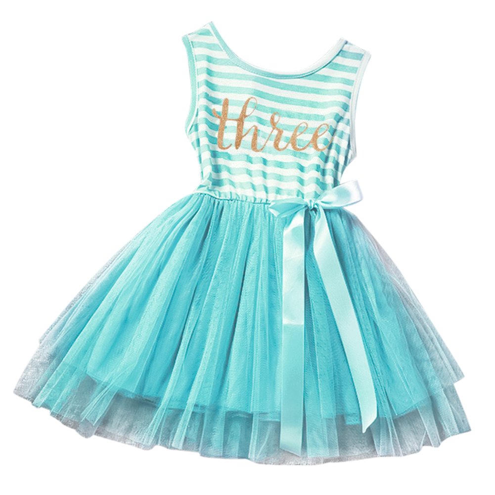 Baby Girls 3rd Birthday Outfit Sleeveless Striped Tulle Tutu Dress 3 Years Birthday Cake Smash Outfits Princess Tutu Skirt Shiny Print Party Bow Skirt Summer Clothes Photo Prop Turquoise-Three Years
