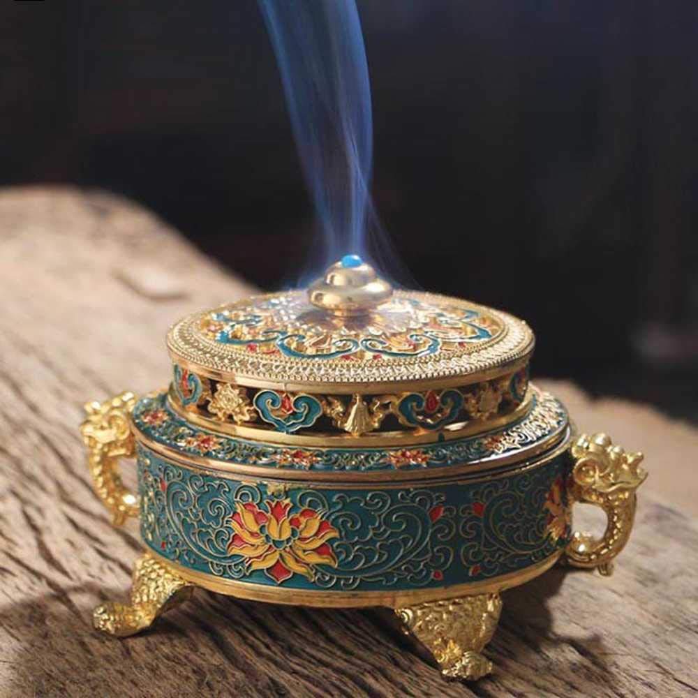 Golden Tibetan Incense Burner Holder for Sticks Cones Coils, Metal Lotus Tibet Decor Chinese Incense Burner, Antique Home Fragrance Accessories
