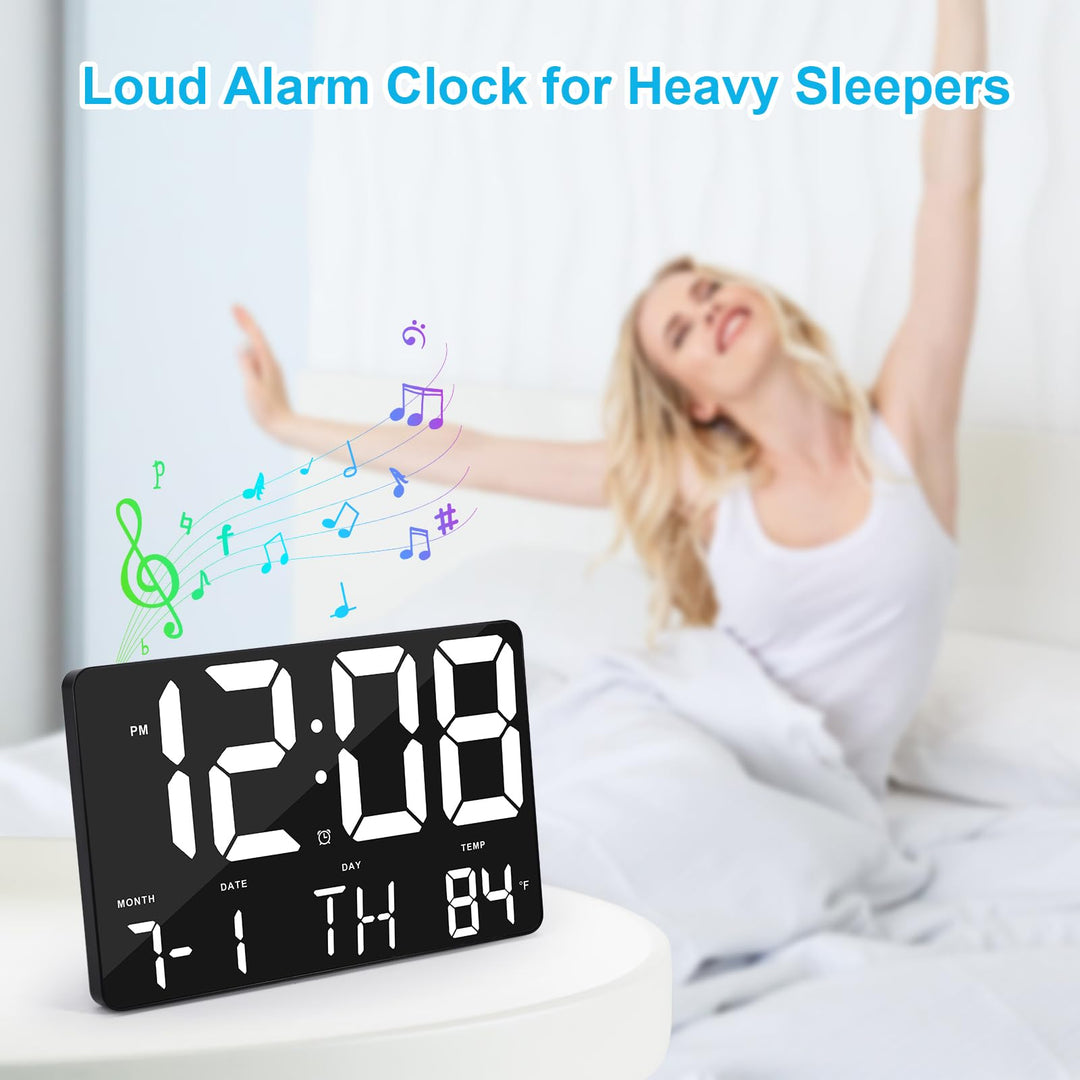 Amgico Digital Alarm Clock with Snooze, Temperature, Auto Dimming, 11.5 Large Display Calendar, Desk/Wall Clock for Bedroom, Living Room, Office, Home, Classroom, Kids, Elderly - White