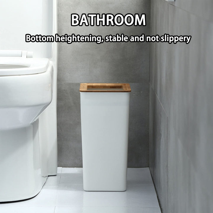 2pcs Slim Plastic Trash Can Set Wastebasket with Wood Lid Rectangular Waste Bin Small Garbage Container White for Home Office Bathroom Kitchen- 2 Gal+2.4 Gallon
