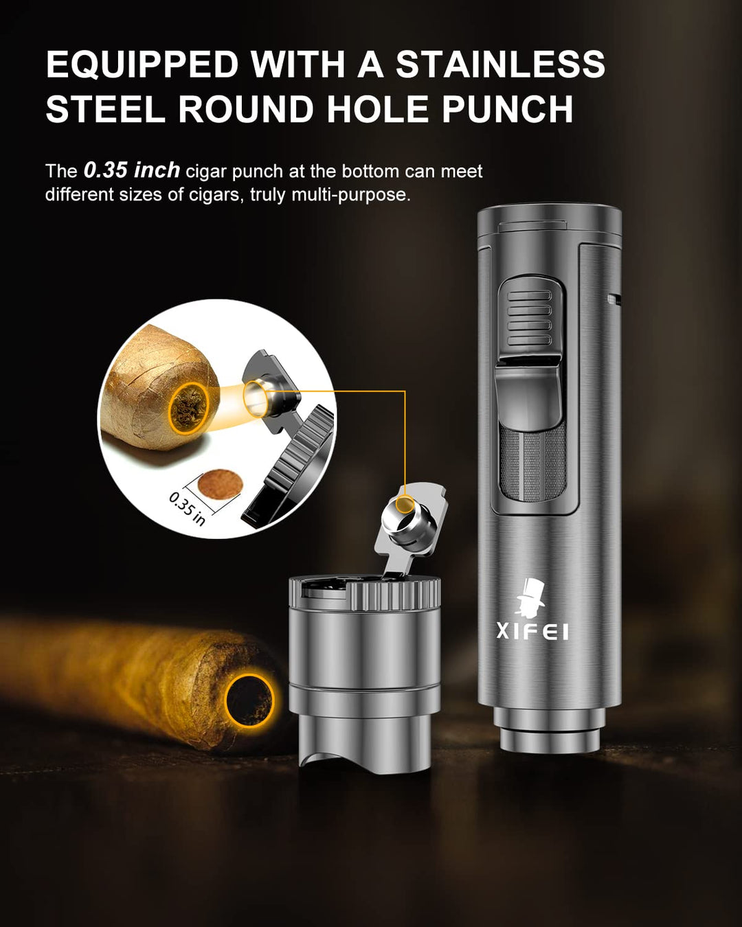 Cigar Lighter, Cigar Puncher, Cigar Draw Enhancer, Cigar Stand, All-in-one Lighter (Gun ash)