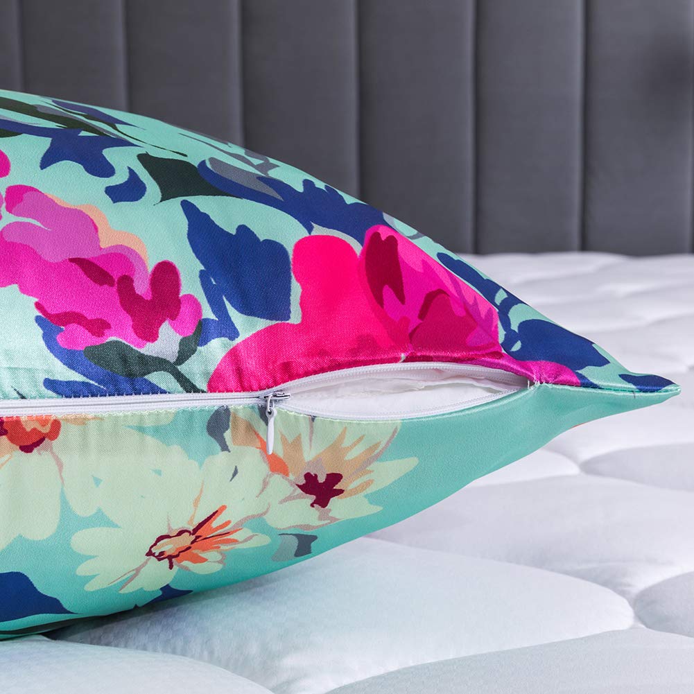 Queen Satin Silk Pillowcase Pack of 2,Floral Silky Pillowcases for Hair and Skin,Soft Green Flower Queen Pillow Cover with Zipper(Green,20X30)