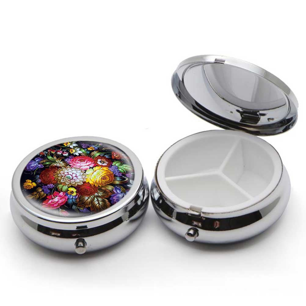 Round Stainless Steel Pill Box Case -Colorful Peony Pai
