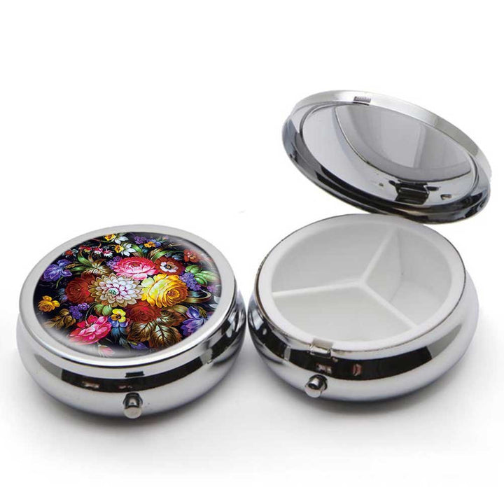 Round Stainless Steel Pill Box Case -Colorful Peony Pai