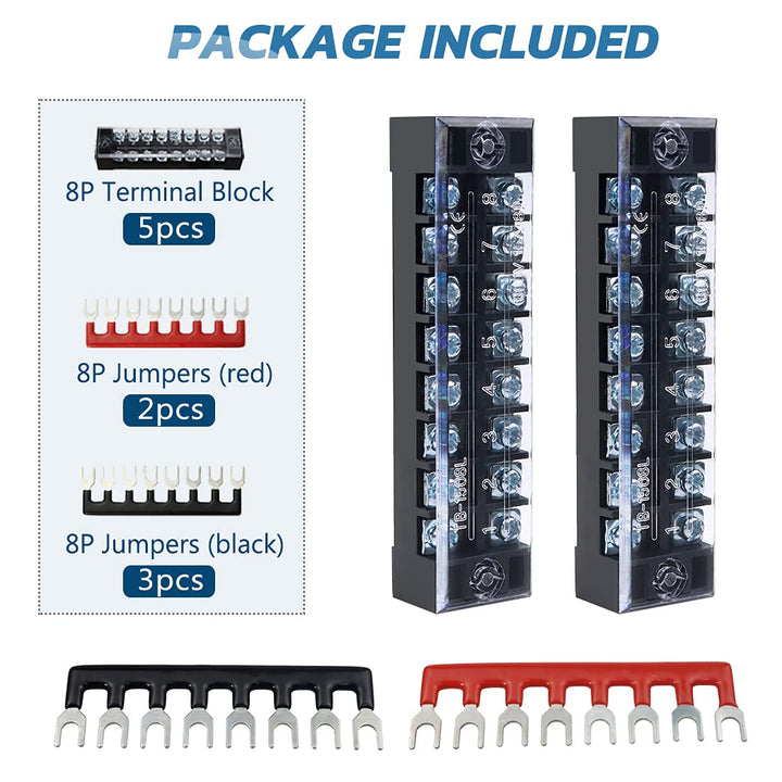 Terminal Strip Blocks, 5 Sets 8 Positions 600V 15A Waterproof Terminal Junction Block with Cover Dual Row Screw Terminal Strip + 400V 15A Pre-Insulated Terminal Barrier Strip Jumper