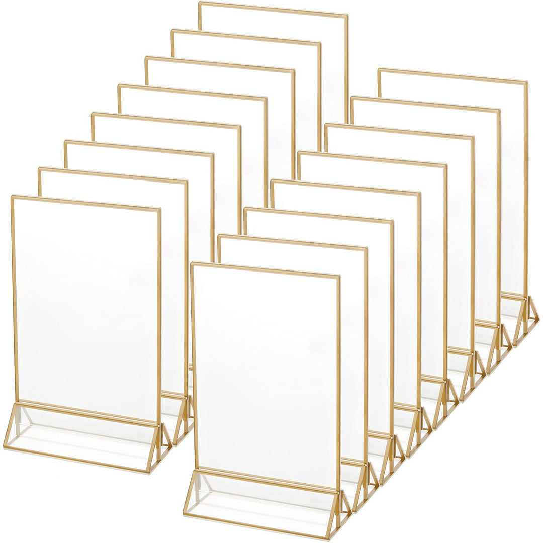16 Pieces Gold Rimmed Clear Acrylic Table Sign Holders, Double Sided Frame with Gold Border and Vertical Stand for Wedding Table Number, Restaurant Sign, Photo Display, Menu Holder (4 x 6 Inch)
