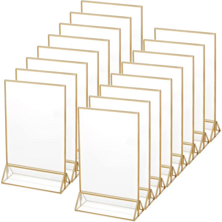 16 Pieces Gold Rimmed Clear Acrylic Table Sign Holders, Double Sided Frame with Gold Border and Vertical Stand for Wedding Table Number, Restaurant Sign, Photo Display, Menu Holder (4 x 6 Inch)