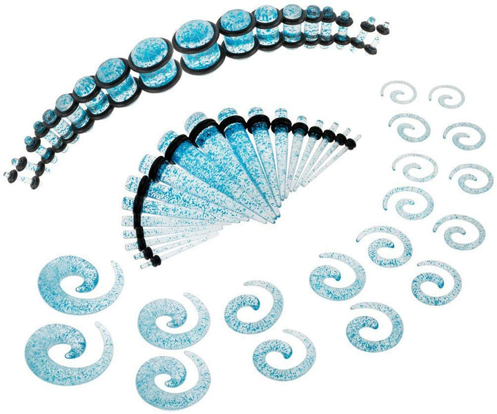 54 units Tapers and Plugs With O Rings Piercings Stretchers Expanders Set With Different Gauges Sizes for Ears Earlobes Stretching in Blue Colors