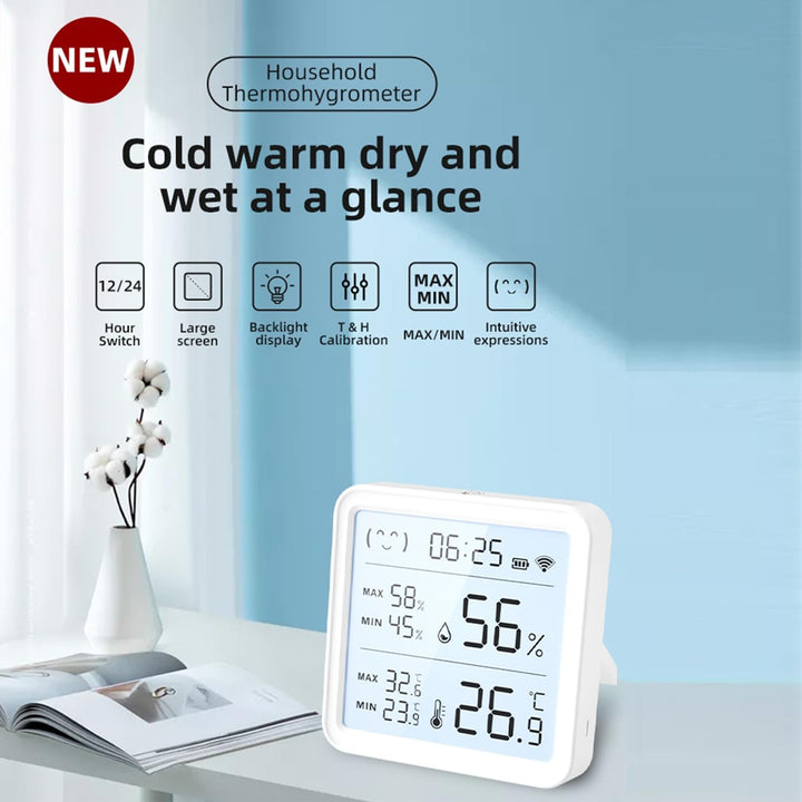 Smart WiFi Temperature Humidity Sensor, Wireless Thermometer Hygrometer, Built-in Clock and Time Display,Smart Temperature Humidity Monitor withTuya App,Compatible with Alexa,Google Home,Siri (White)