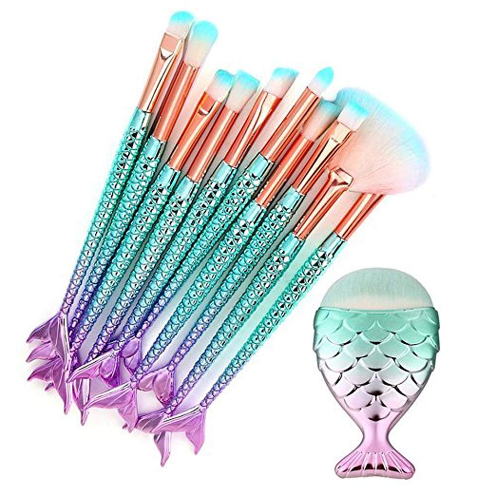 LHEI 11 Pcs Mermaid Makeup Brush Set with Gift Box Professional Eye Makeup Brushes For Eyeshadow Concealer Eyeliner Brow Blending Brush Tool