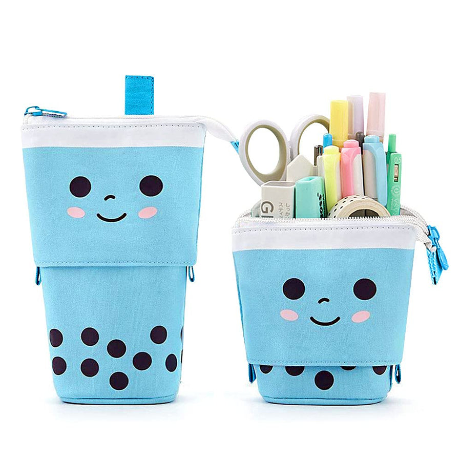 Milktea Cute Standing Pencil Case for Kids, Pop Up Pencil Box Makeup Pouch, Stand UP Christmas Gift kids Pen Holder Organizer Cosmetics Bag, Kawaii Stationary (Blue)