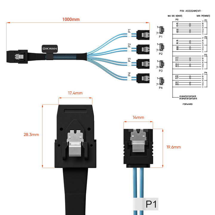 Mini SAS to 4 SATA Cable, 36 Pin SFF 8087 Host/Controller to 7 Pin SATA Target/Backplane, Compatible with PERC H310, RAID Controller 3Feet(2 Pack)