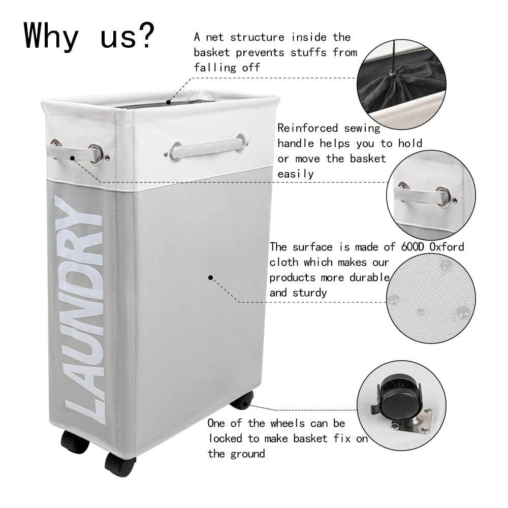 Slim rolling Laundry hamper Narrow cloth hamper Skinny laundry hamper with Wheels Waterproof Clothes hamper Fabric baskets for laundry(Beige plus light grey)
