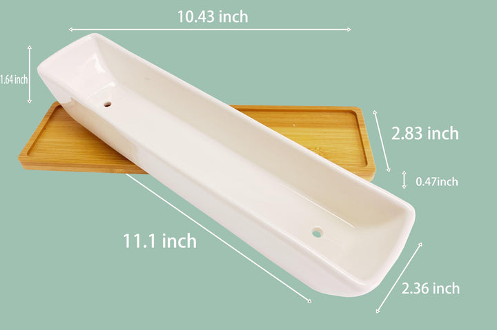 White Ceramic Long Rectangle Succulent Planter Pots with Bamboo Saucers/Mini Flower Plant Containers 11.1 Inch Succulents Planter Home Decor(Long Rectangle