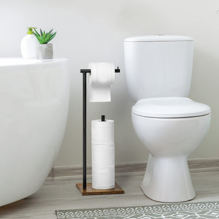 Toilet Paper Holder Stand with Shelf Wood Freestanding Tissue Paper Roll Holder Farmhouse Toilet Paper Standing for Bathroom, Rustic Brown