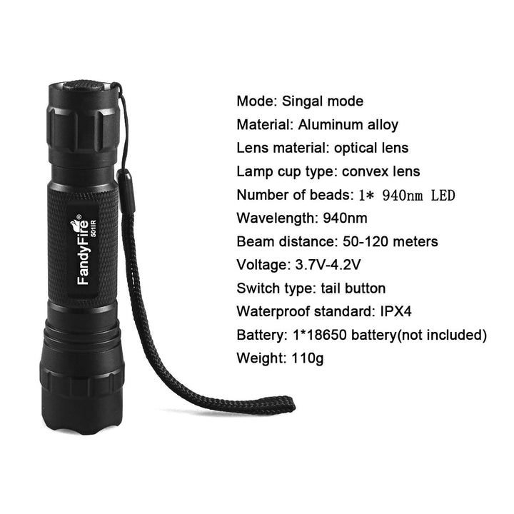 940nm IR Flashlight Illuminator Infrared Light Night Vision Adjustable Focus LED Flashlight Torch for Hunting (Not Included 18650 Battery)