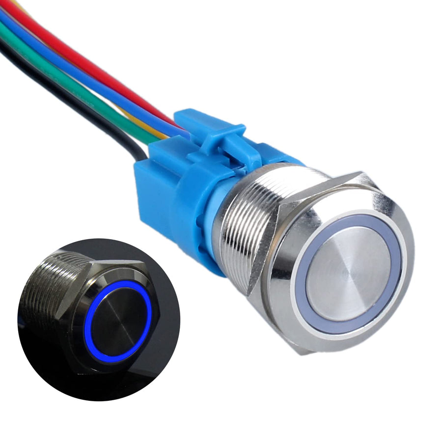 1PC 22mm Metal Waterproof Anti-Vandal Momentary Push Button Switch 12V-24V LED Light (ON)-Off 5Pins 1NO 1NC with Pre-Wired Socket for 7/8 Mounting Hole Black Shell Halo Ring Orange