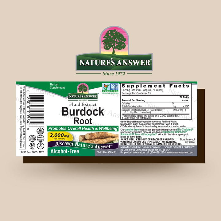 Nature&#39;s Answer Burdock Root Extract 1 Ounce - Alcohol Free, Made in USA, Vegan, Non GMO, No Artificial, Preservative Free - Supports Overall Wellness, Immune Support, Lymphatic Drainage