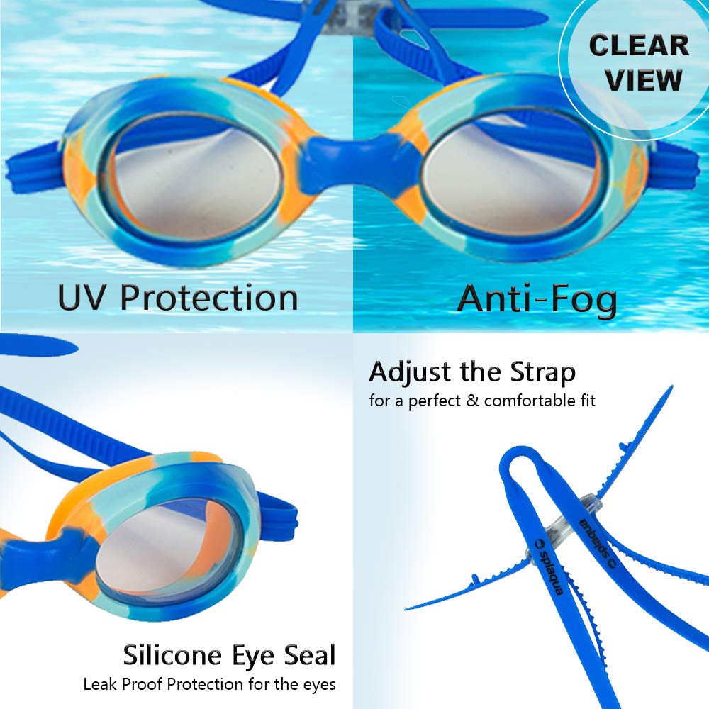 Kids Swim Goggles for Boys and Girls - Adjustable Straps, Silicone Eye Seal, UV Protection and Anti Fog Lenses Swimming Goggle - Blue Tie Dye