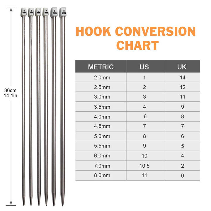 22Pcs Stainless Steel Straight Knitting Needles Set, 2mm-8mm, Long Needles with Markings, Large-Eye Needles, Measure Tape, Kitting Kit for DIY, Travel