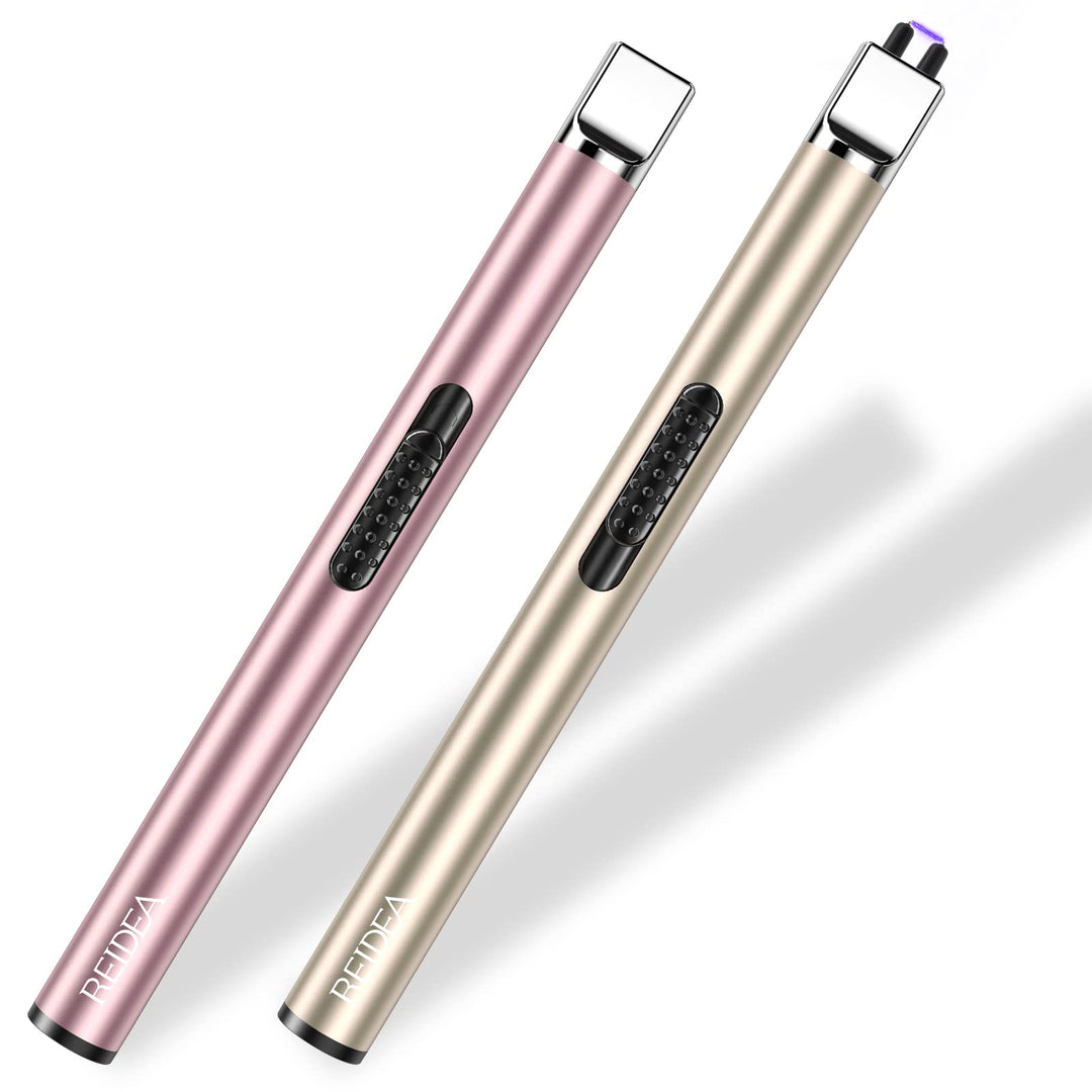REIDEA Lighter 2 Pack Electronic Candle Lighter Arc Windproof Flameless USB Rechargeable Lighter with Safe Button for Home Kitchen (Champagne and Rose Gold)