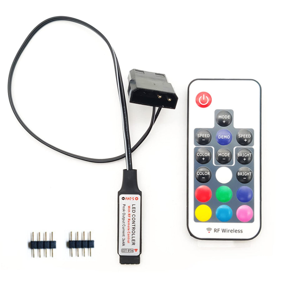 Computer Fan Lighting Effect Controller, 12V 4-Pin RGB Fan Equipment Connect Cable Control Remote Controller with On/Off Swtich and Brightness Adjustment