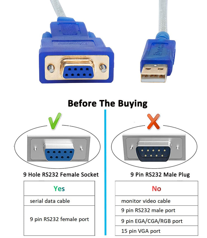 DTECH 6 Feet USB to RS232 DB9 Female Serial Adapter Cable Windows 11 10 8 7 Mac Linux Serial to USB 2.0 (PL2303 Chip)