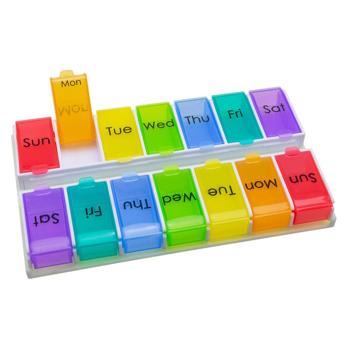 Ezy Dose Ezy Fill (14-day) Pill, Medicine, Vitamin Organizer Box, Detachable Pill Dispenser, Rainbow