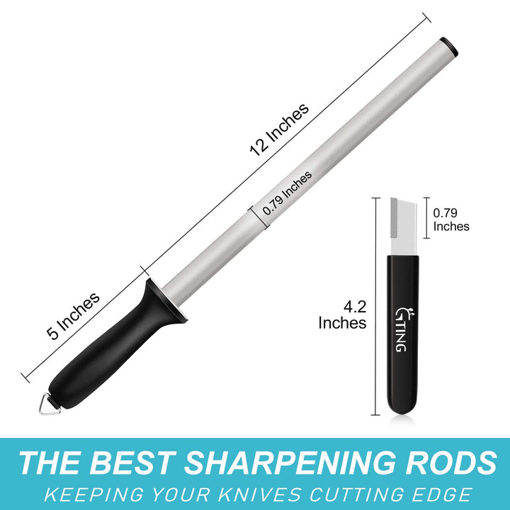12 Inch Diamond Honing Steel, Professional Knife Sharpener Rod Kitchen Diamond Sharpening Rod Stick Tungsten Carbide Sharpener for Honing Knife Blades, Chef Knives, Pruning Shears, Garden Tools