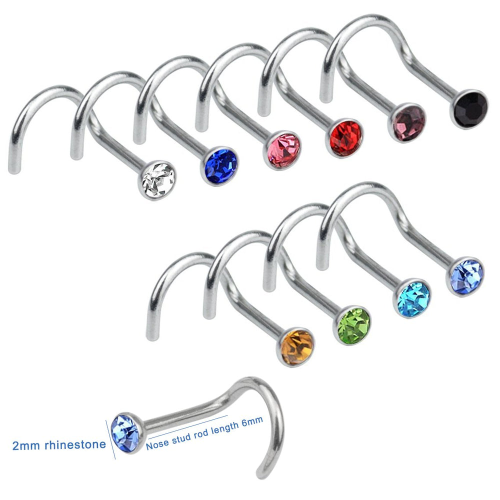 100pcs Mixed Color Stainless Steel Rhinestone Piercing Nose Studs Rings Body Piercing Hooks Hypoallergenic Screw Shape