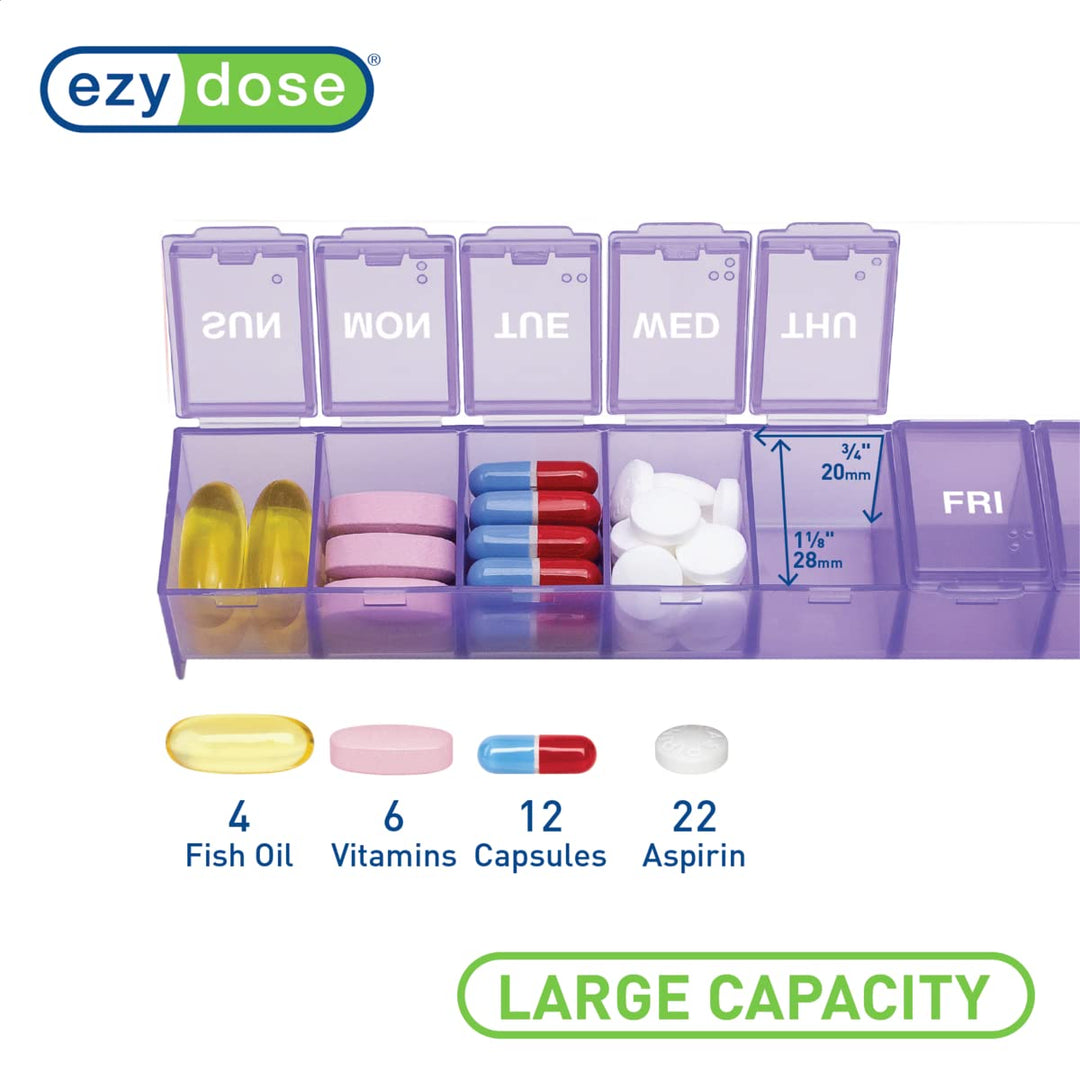 EZY Dose 7-day Pill Reminder, Large Size: 6 Inches L X 1 3/8 Inches W X 7/8 Inches H - Color Will Vary