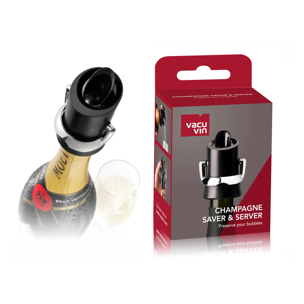 Champagne Stopper & Server - Black - 2-in-1 Stopper and Pourer - Preserve Bubbles for Up to a Week with Airtight Seal - Premium Champagne Bottle Stopper & Non-Drip Pouring