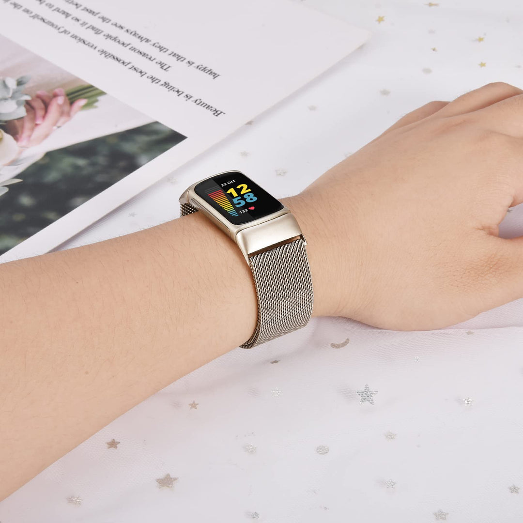 Compatible with Fitbit Charge 5 Bands Sets, 2 Pack Stainless Steel Metal Band + Mesh Woven Wristband Replacement Strap for Fitbit Charge 5 Advanced Fitness &amp; Health Tracker (Silver)