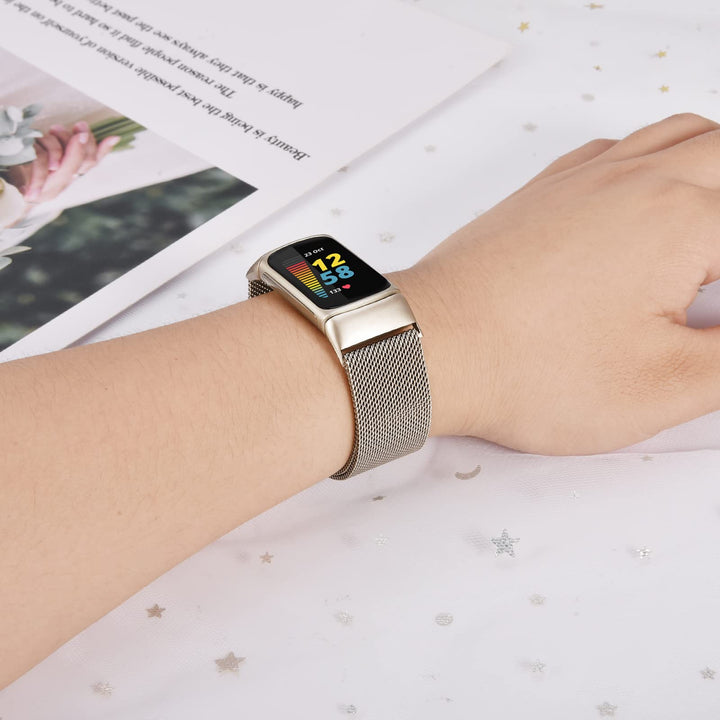 Compatible with Fitbit Charge 5 Bands Sets, 2 Pack Stainless Steel Metal Band + Mesh Woven Wristband Replacement Strap for Fitbit Charge 5 Advanced Fitness &amp; Health Tracker (Silver)