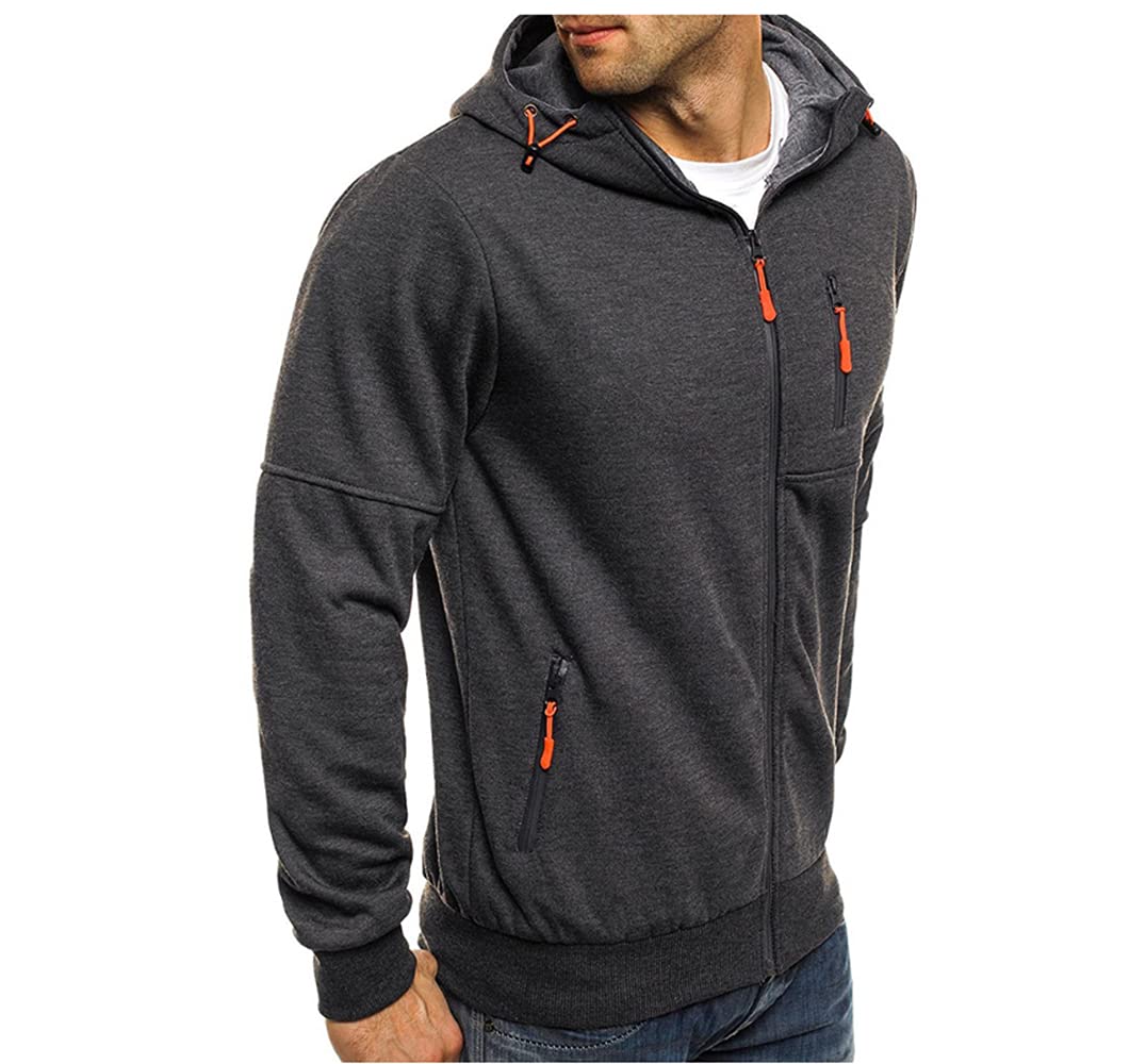 Men&#39;s Sports Casual Full Zipper Long-Sleeved Hooded Sweater with Pockets Jogging Track and Filed Gym Training Hoodie Dark Grey