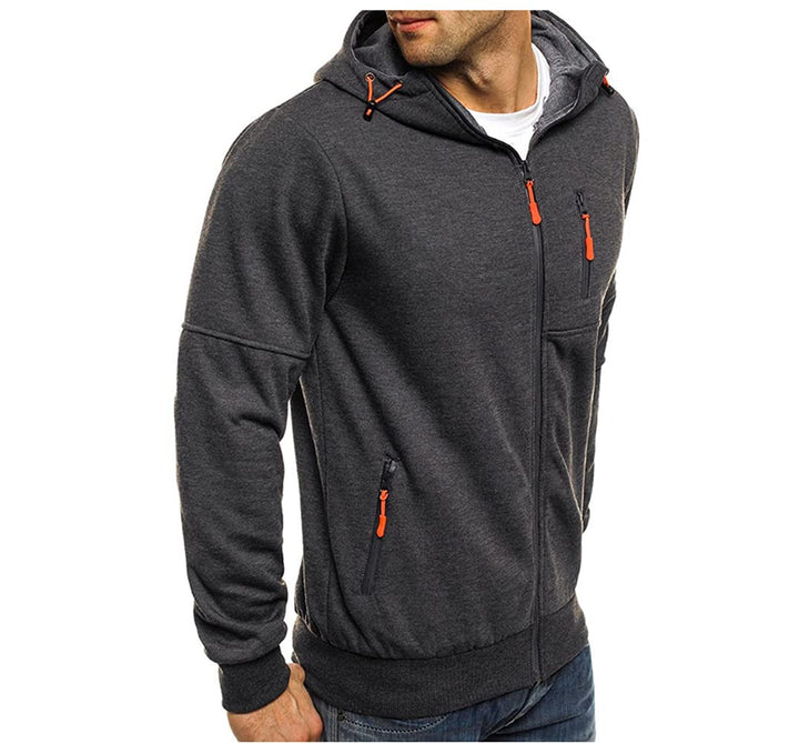 Men&#39;s Sports Casual Full Zipper Long-Sleeved Hooded Sweater with Pockets Jogging Track and Filed Gym Training Hoodie Dark Grey