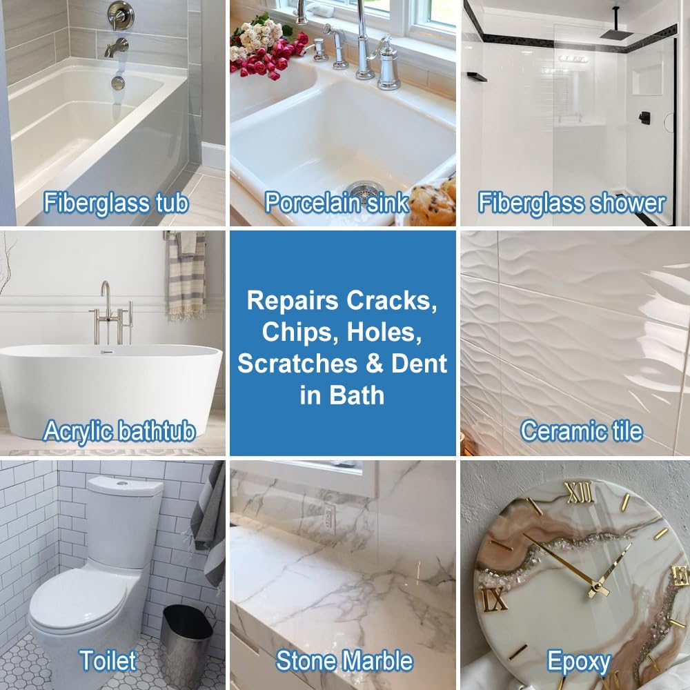 Fiberglass Tub Repair Kit (Color Match), 3.7oz Fiberglass Shower, Porcelain Sink and Acrylic Bathtub Repair Kit, Quick to Fix Cracks, Chips, Dents, Holes on Bath Tub &amp; Toilet, Almond/Biscuit/Bone