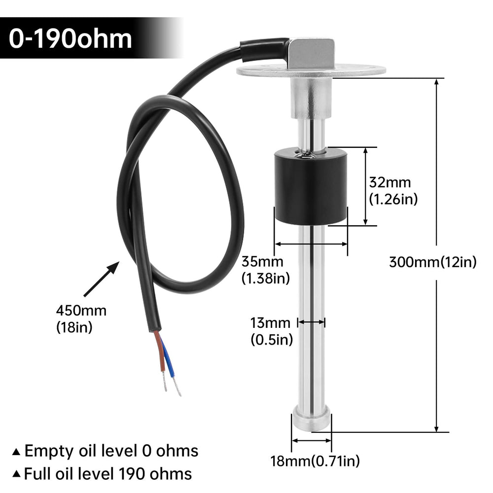 Marine Fuel Sending Unit Boat Fuel Tank Sender, 0-190ohms 12 (300mm) Stainless Steel Gas Sensor Water Fuel Gauge Sender for Boat Car Truck Vehicle