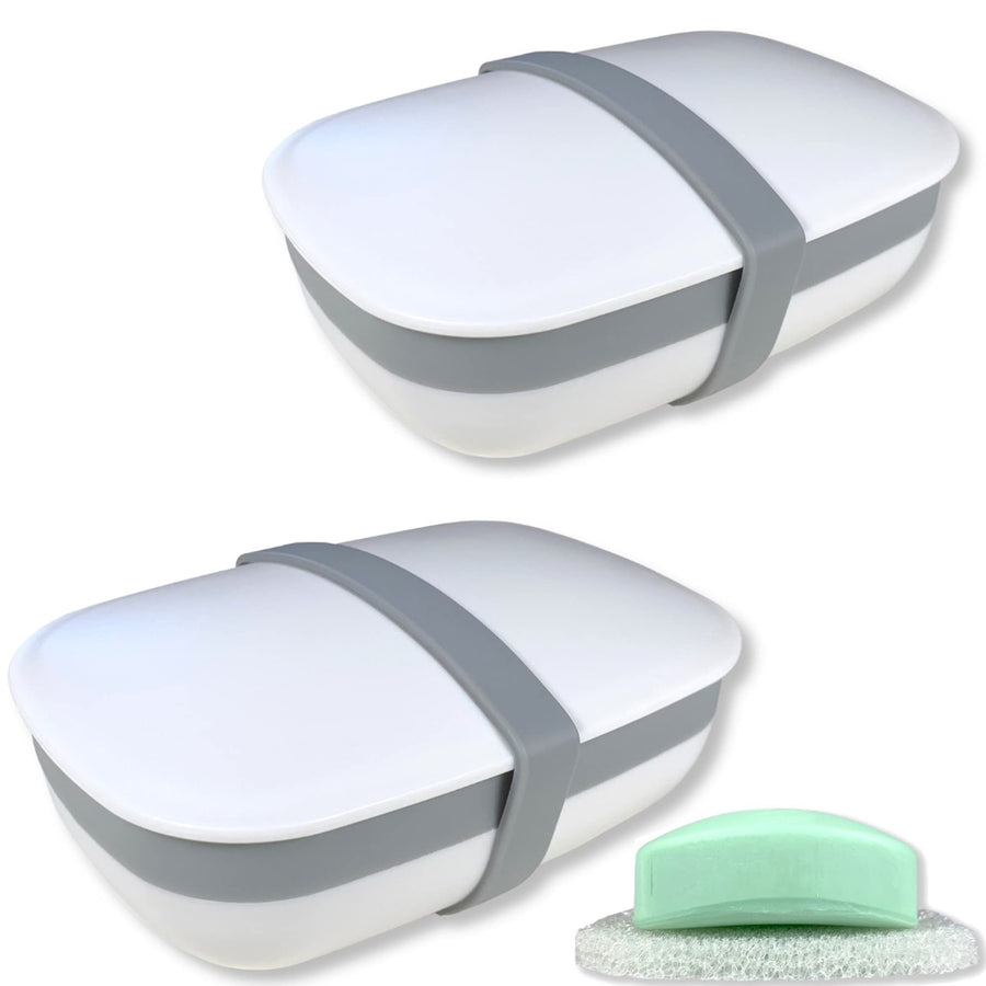 2Pcs Travel Soap Box,soap Bar Holder Dish Container Case with Sponge saver&Silicone Band,Strong Sealing,Leak Proof,Portable,Best for Bathroom,Gym,School,Camping,Hiking,Vacation/White Pack of 2