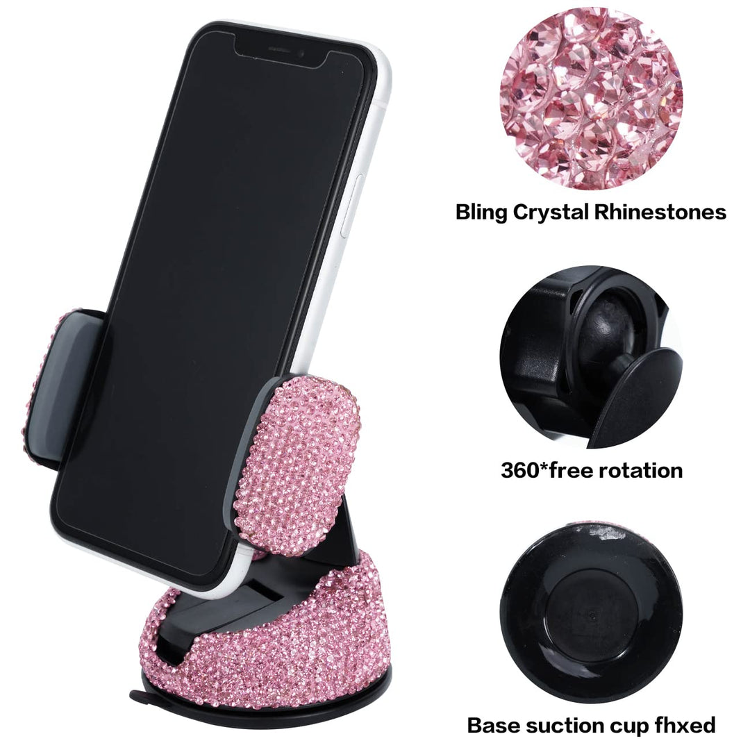 Bling Car Phone Holder,Rhinestone Bling Crystal Car Phone Mount,with One Air Vent Base,Universal Cell Phone Holder for Dashboard,Windshield and Air Vent (Pink)