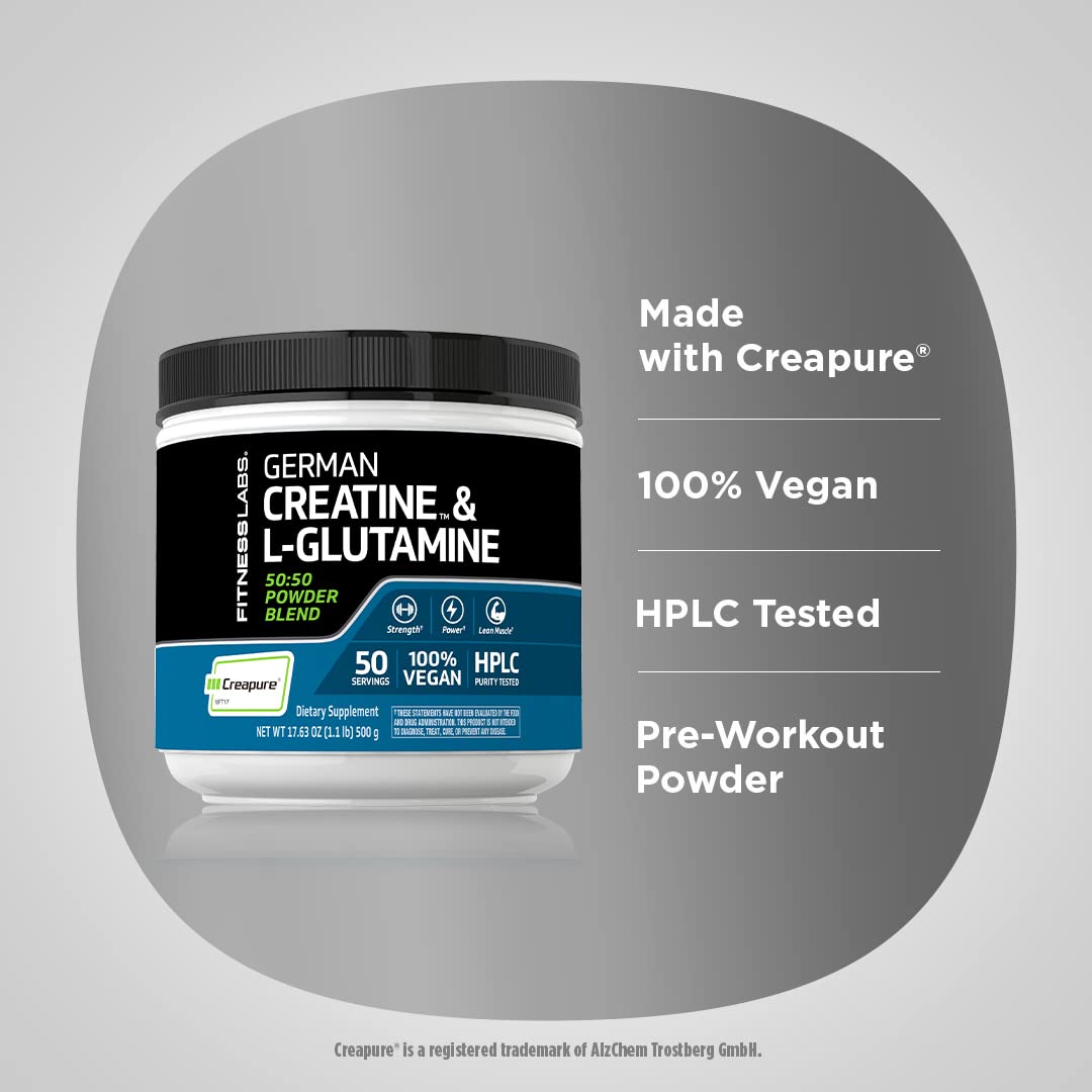 German Creatine and L-Glutamine | 1.1 lbs | Monohydrate and Creapure Powder | Vegan Fitness Supplement