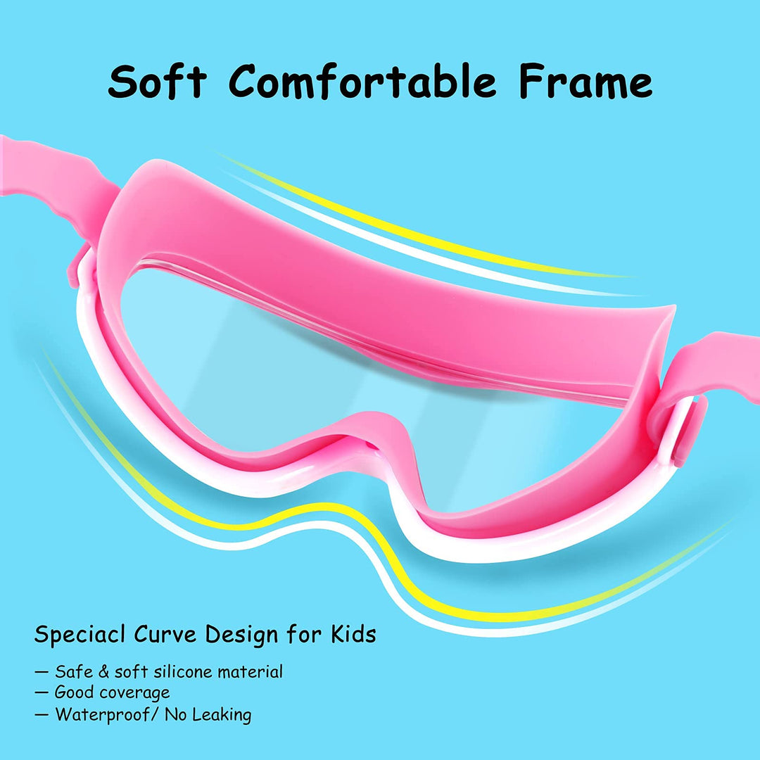 Kids Swim Goggles for Age 3-15, 2 Pack Kids Goggles for Swimming with Nose Cover, No Leaking, Anti-Fog, Waterproof