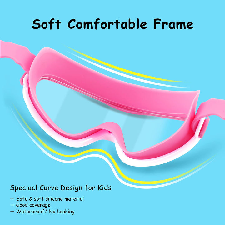 Kids Swim Goggles for Age 3-15, 2 Pack Kids Goggles for Swimming with Nose Cover, No Leaking, Anti-Fog, Waterproof